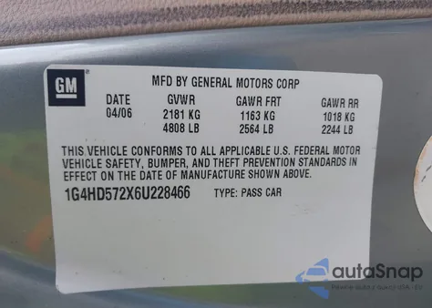 2006 Buick Lucerne Cxl z USA, uszkodzony, nr VIN 1G4HD572X6U228466